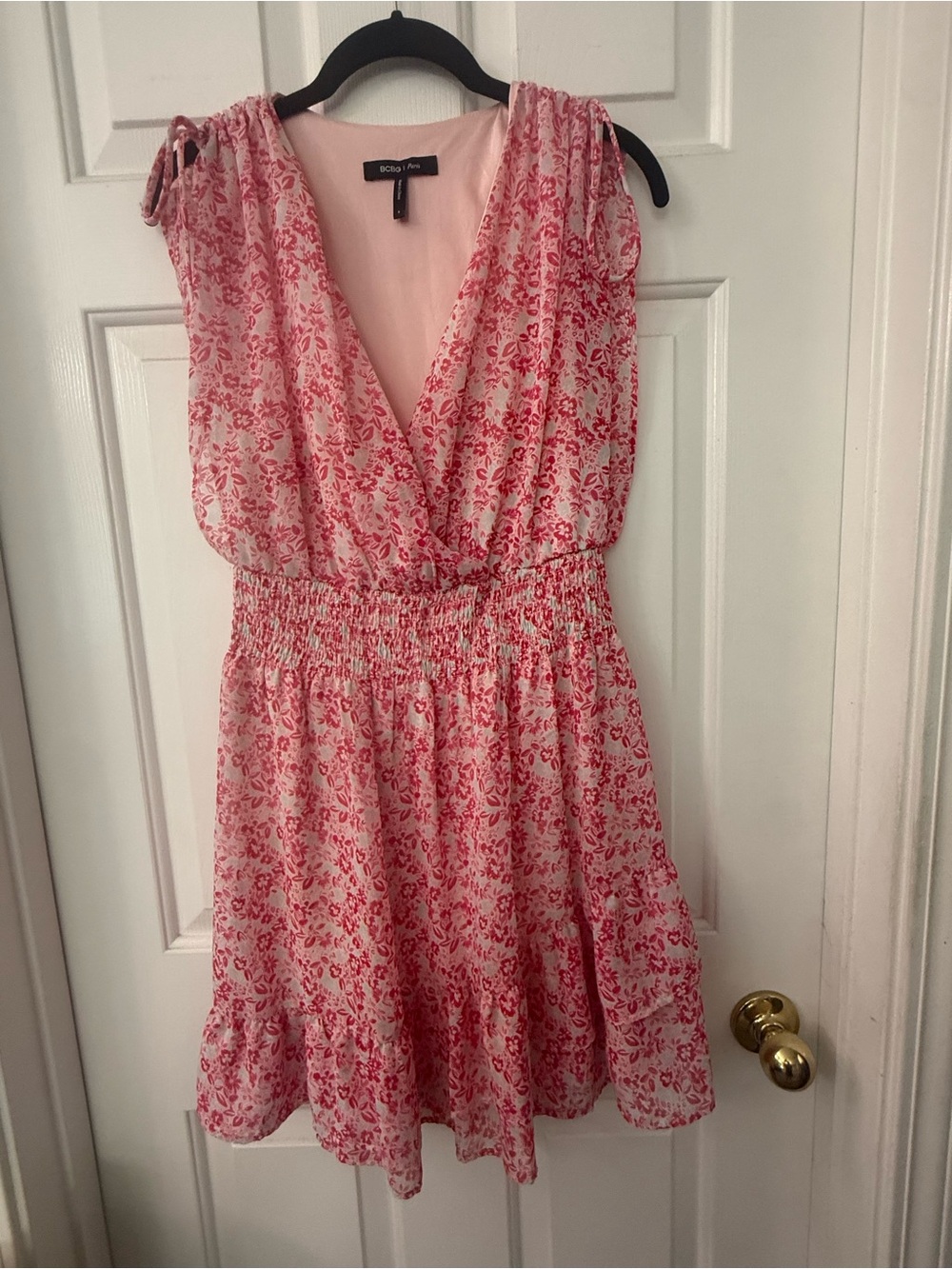 BCBG Pink Floral V-Neck Smocked Waist Mini Dress